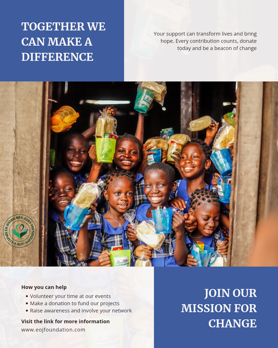 Happy Nigerian children receiving essential provisions and educational supplies from ELIZABETH OSARIEMEN JOHN FOUNDATION volunteers